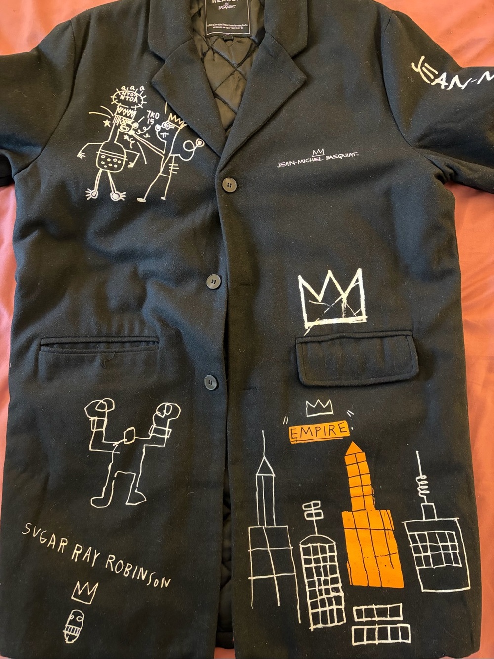 Reason Black Pea Coat with White & Orange Basquiat-Inspired Graphics